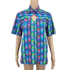 Rodeo Colorful Aztec Pattern Western Women's Top Button Up Shirt Cut Outs